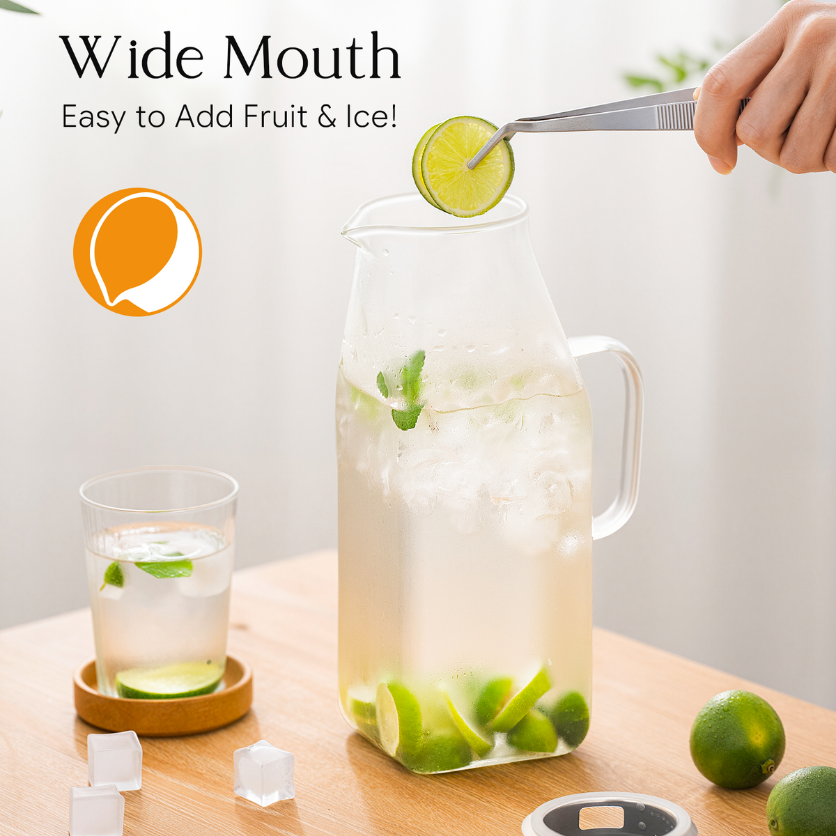 GOSCHE 68oz 2 Pack Glass Pitcher with Lid and Handle Square Glass Water Pitcher with Spout Leak-Proof for Cold and Hot Beverage, Iced Tea, Juice, Lemonade, Coffee