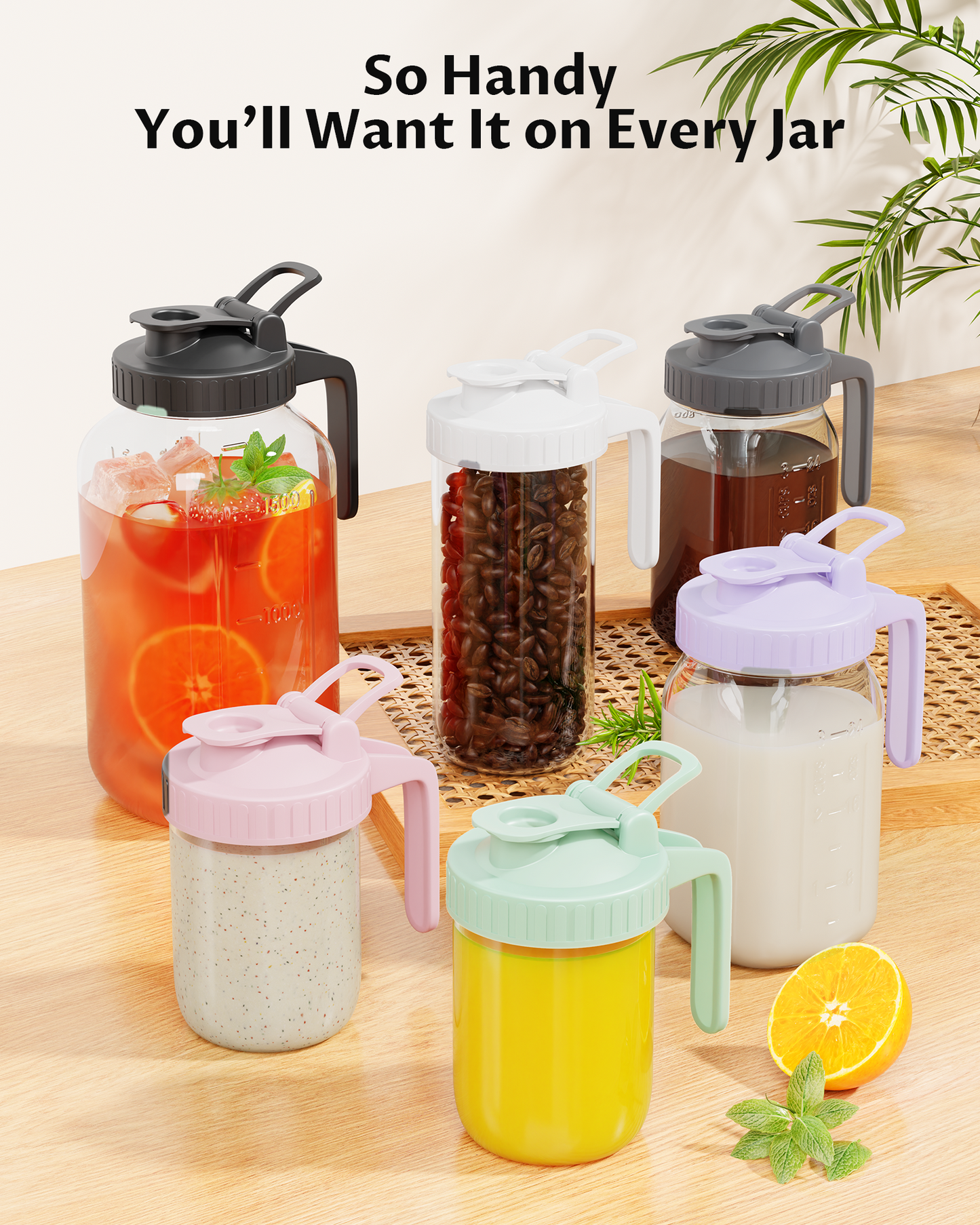 GOSCHE Mason Jar Pour Spout Lid Flip Cap Airtight Wide Mouth Mason Jar Lids with Handle for Drinking Leak Proof 2 Pack Purple White