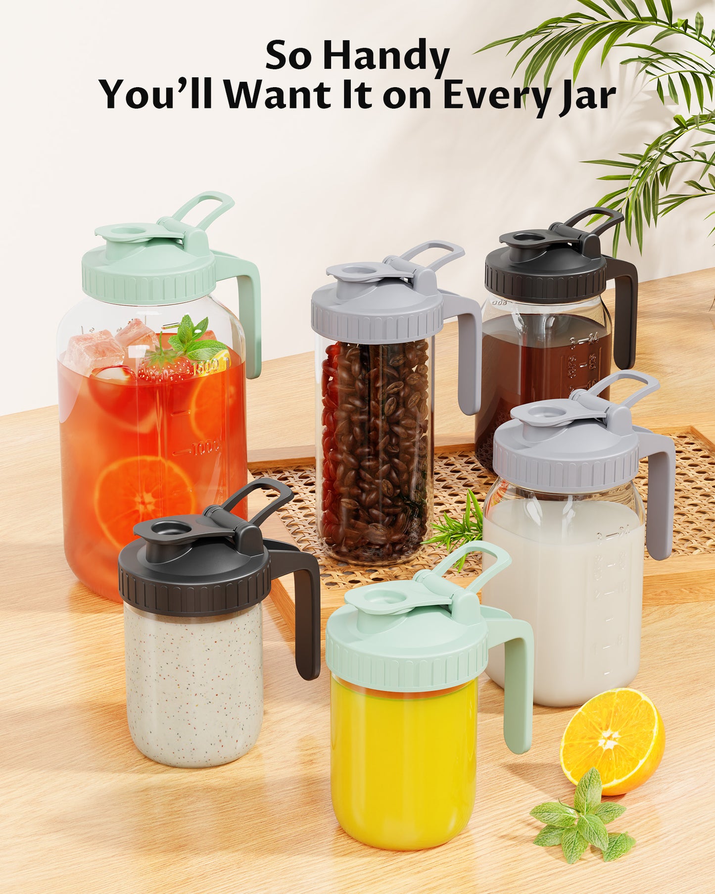 GOSCHE Mason Jar Pour Spout Lid Flip Cap Airtight Wide Mouth Mason Jar Lids with Handle for Drinking Leak Proof 2 Pack Gray