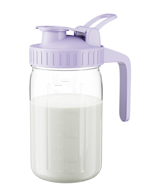 GOSCHE Breast Milk Pitcher Wide Mouth Glass Mason Jar Pitcher Leak Proof Milk Pitcher with Lid and Pour Spout Purple 32oz