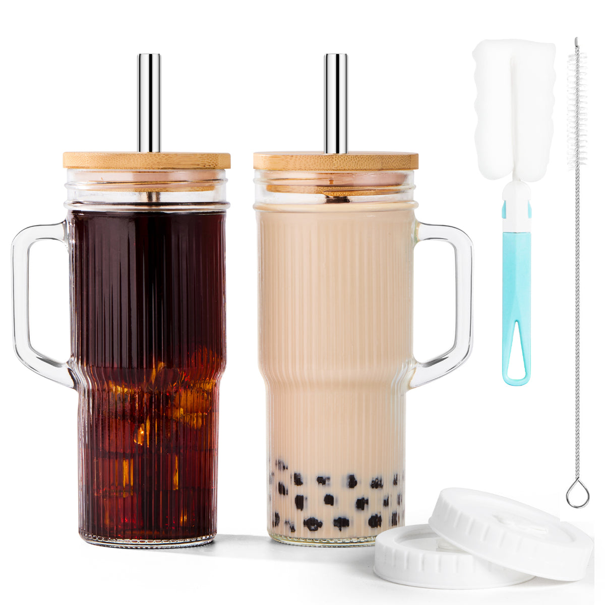 GOSCHE Glass Cups with Lids and Straws 22oz Ribbed Glass Tumbler with Handle Cleaning Brushes for Juice Coffee Smoothies Tea 2pcs