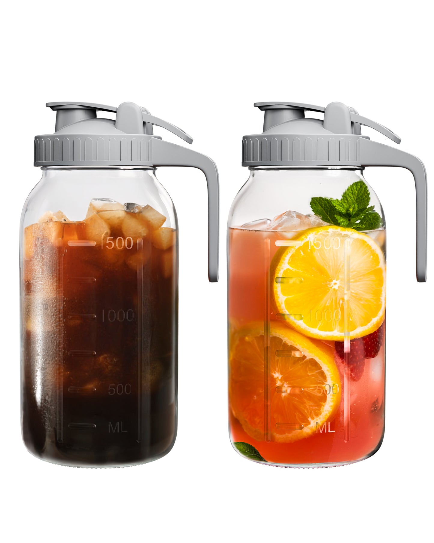 GOSCHE 2 Pack 64oz Glass Pitcher with Lid and Spout Leak Proof Mason Jar Pitcher with Handle for Fridge Juice Beverage Iced Tea Coffee Gray