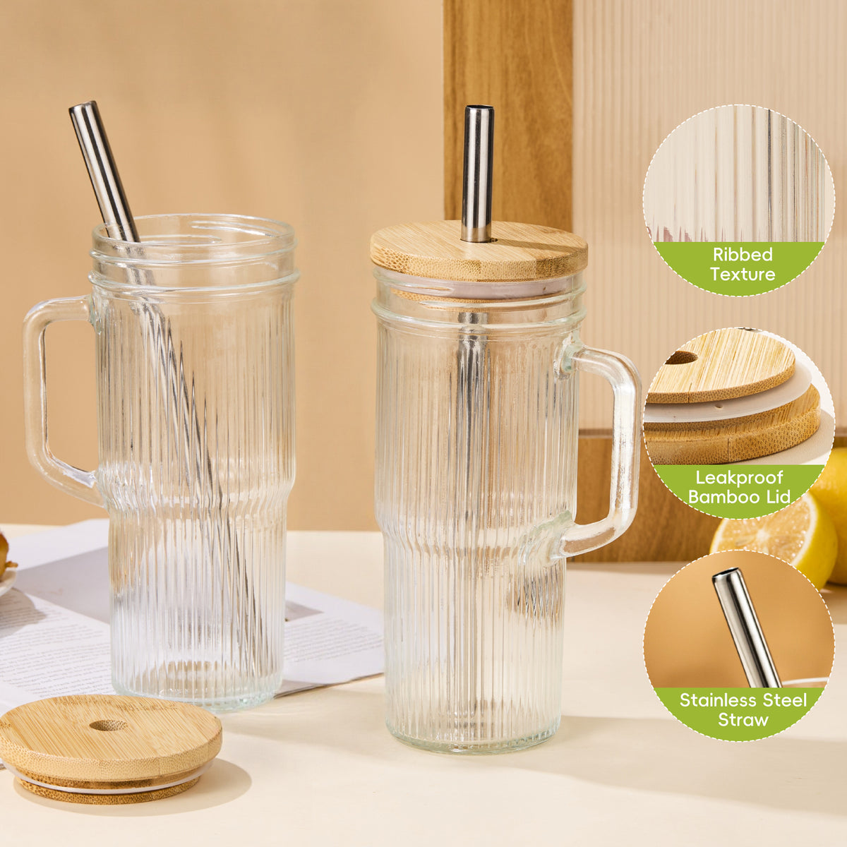 GOSCHE Glass Cups with Lids and Straws 22oz Ribbed Glass Tumbler with Handle Cleaning Brushes for Juice Coffee Smoothies Tea 2pcs