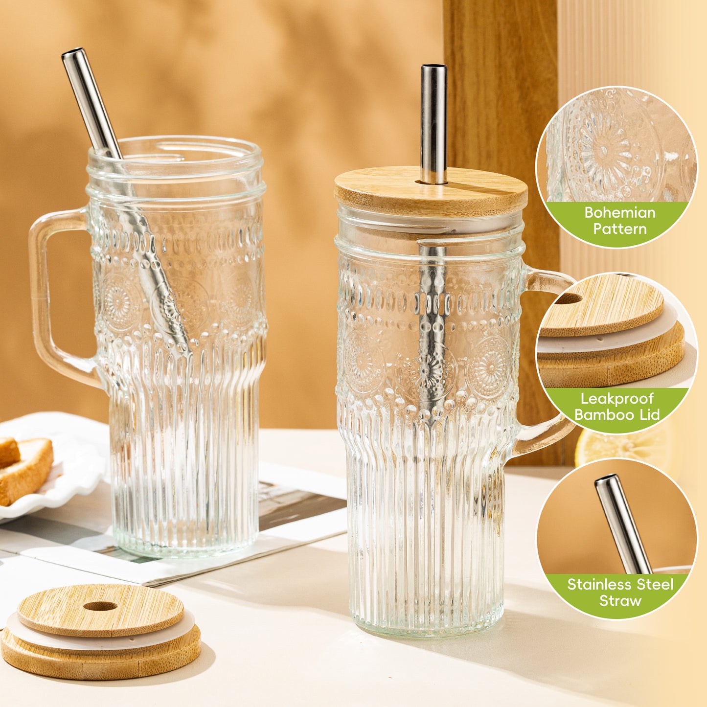 GOSCHE Glass Cups with Lids and Straws 22oz Glass Tumbler with Handle Cleaning Brushes for Juice Coffee Smoothies Tea 2pcs