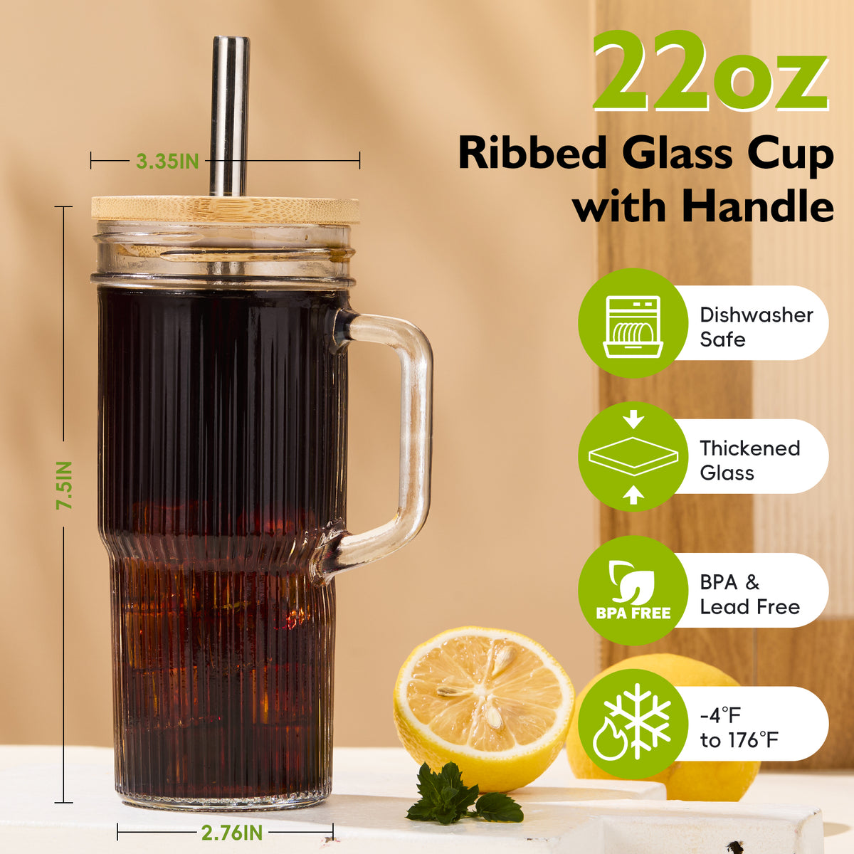 GOSCHE Glass Cups with Lids and Straws 22oz Ribbed Glass Tumbler with Handle Cleaning Brushes for Juice Coffee Smoothies Tea 2pcs