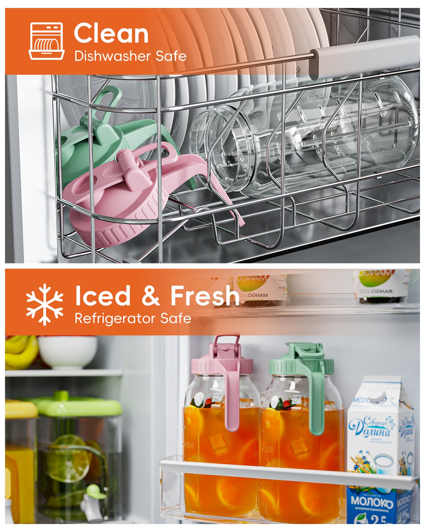 GOSCHE 2 Pack 64oz Glass Pitcher with Lid and Spout Leak Proof Mason Jar Pitcher with Handle for Fridge Juice Beverage Iced Tea Coffee Pink Green