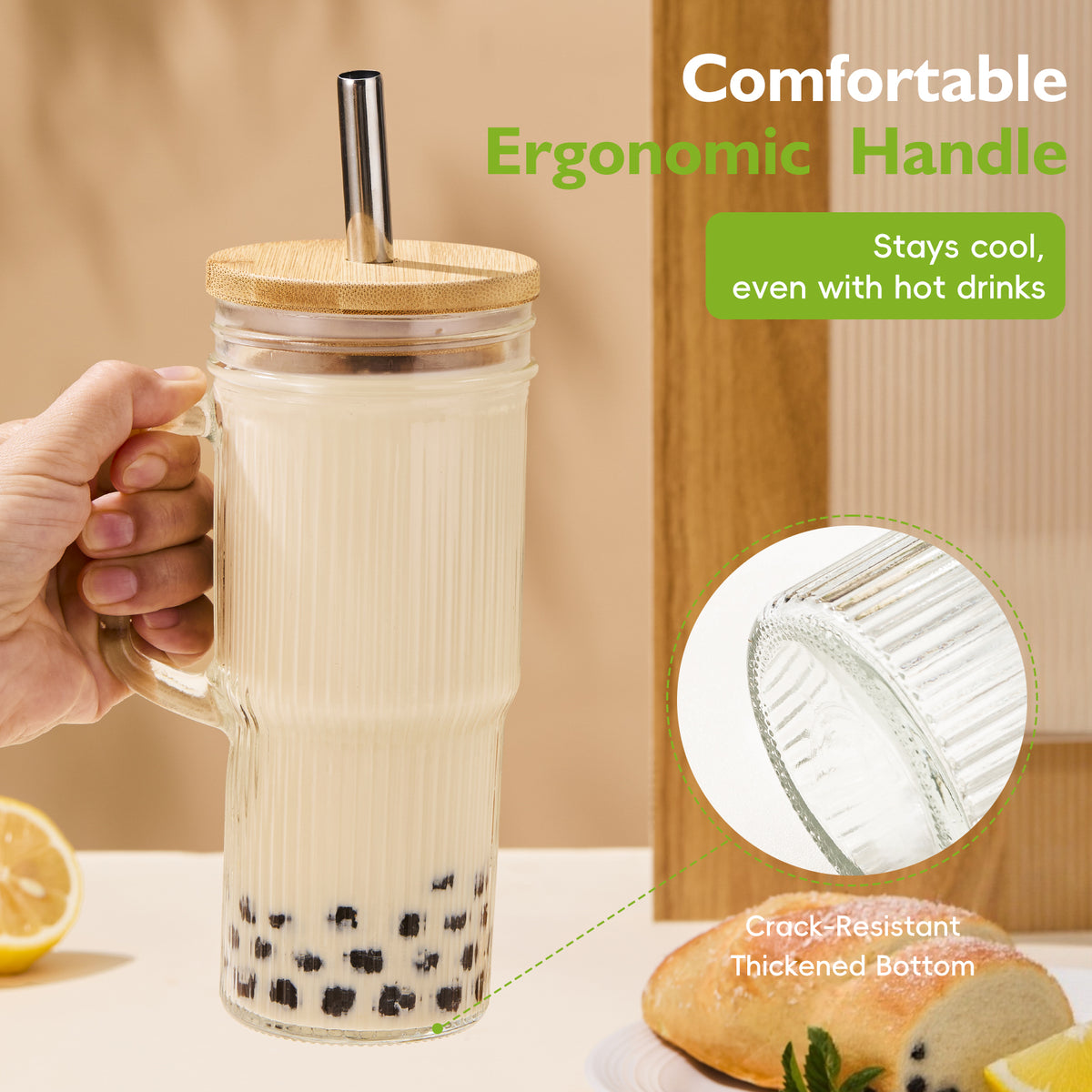 GOSCHE Glass Cups with Lids and Straws 22oz Ribbed Glass Tumbler with Handle Cleaning Brushes for Juice Coffee Smoothies Tea 2pcs