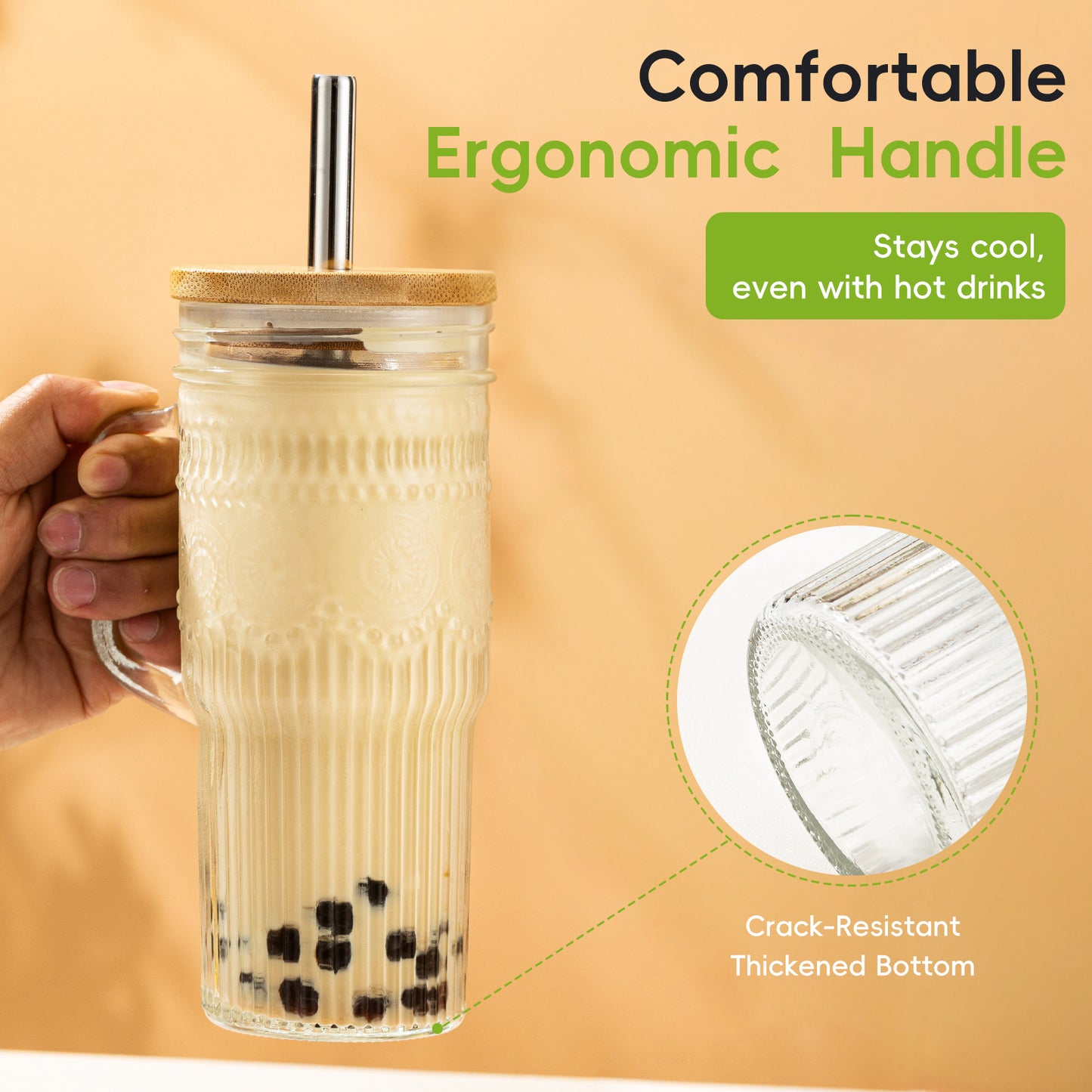 GOSCHE Glass Cups with Lids and Straws 22oz Glass Tumbler with Handle Cleaning Brushes for Juice Coffee Smoothies Tea 2pcs