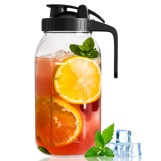 GOSCHE Glass Pitcher, 64 oz Large Mason Jar Pitcher with Lid and Spout, Pitcher with Lid for Cold Brew Coffee, Ice Beverage, Sun Tea, Black