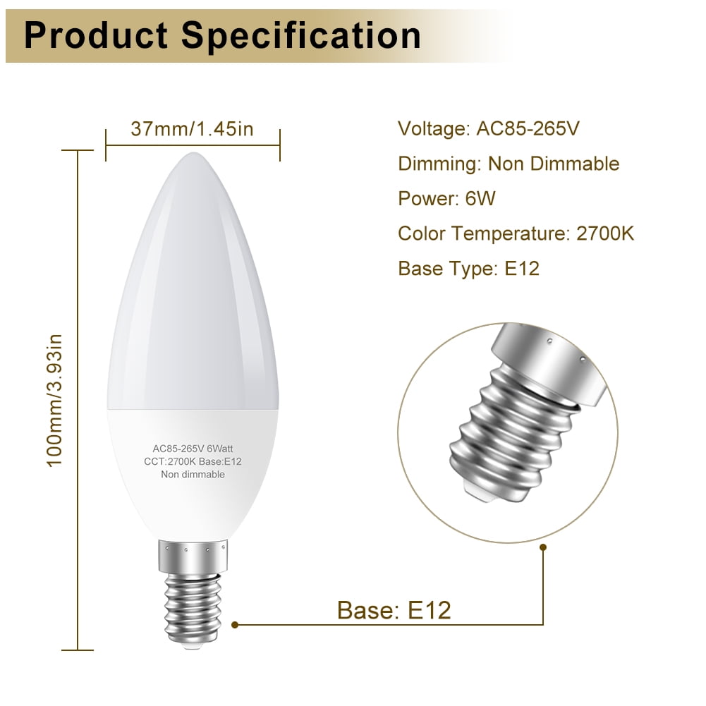 GOSCHE E12 Led Ceiling Fan Light Bulbs, 6W B11 Led Bulb, 550 LM, 2700K, Type B Light Bulb for Chandelier Lamp, Non-Dimmable Candle Lightbulbs,6-Pack