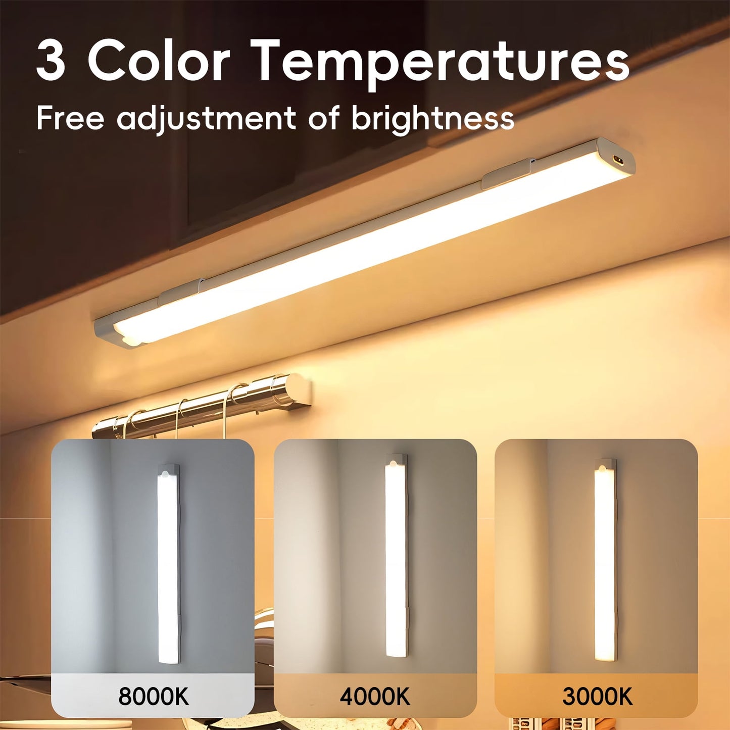 GOSCHE Under Cabinet Lights, 30 LED Wireless Under Cabinet Lighting USB Rechargeable Closet Light Set with Smart Motion Sensor Light Indoor-3 Pcs