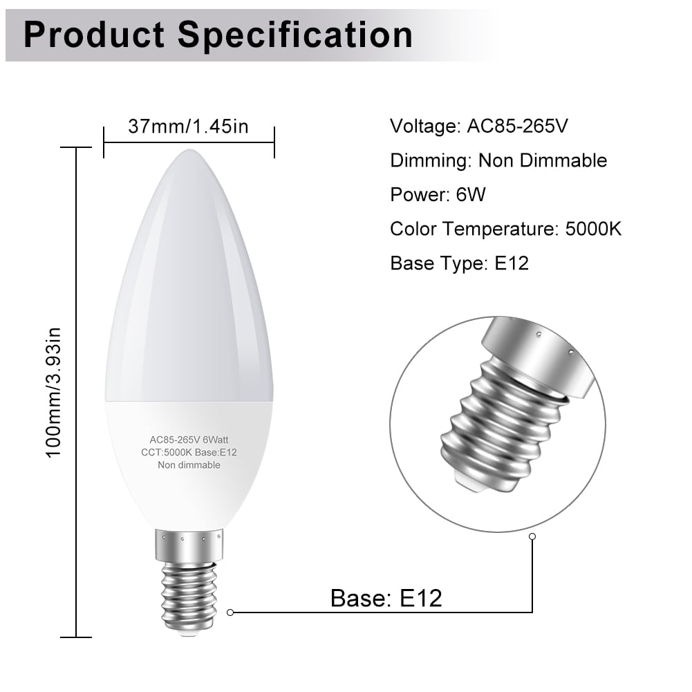 GOSCHE 12-Pack E12 LED Ceiling Fan Light Bulbs, 60 Watts Equivalent, 5000K Daylight, Type B Light Bulb for Chandelier, Non-Dimmable