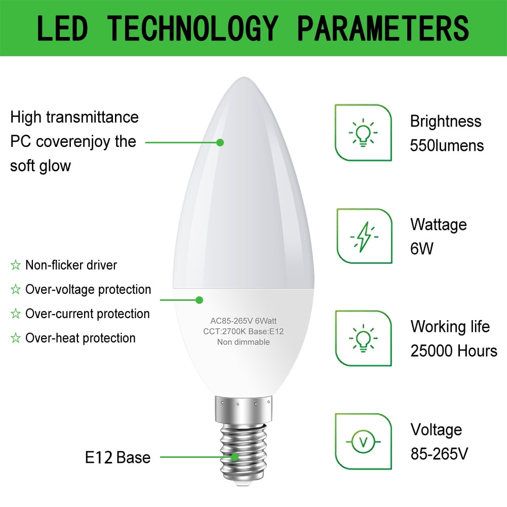 GOSCHE E12 Led Ceiling Fan Light Bulbs, 6W B11 Led Bulb, 550 LM, 2700K, Type B Light Bulb for Chandelier Lamp, Non-Dimmable Candle Lightbulbs,6-Pack