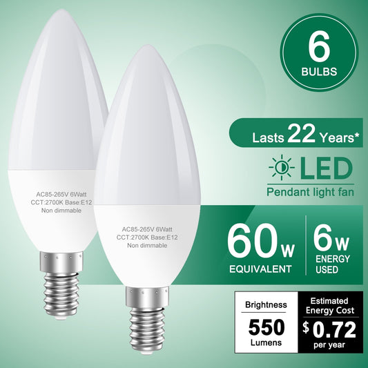 GOSCHE E12 Led Ceiling Fan Light Bulbs, 6W B11 Led Bulb, 550 LM, 2700K, Type B Light Bulb for Chandelier Lamp, Non-Dimmable Candle Lightbulbs,6-Pack