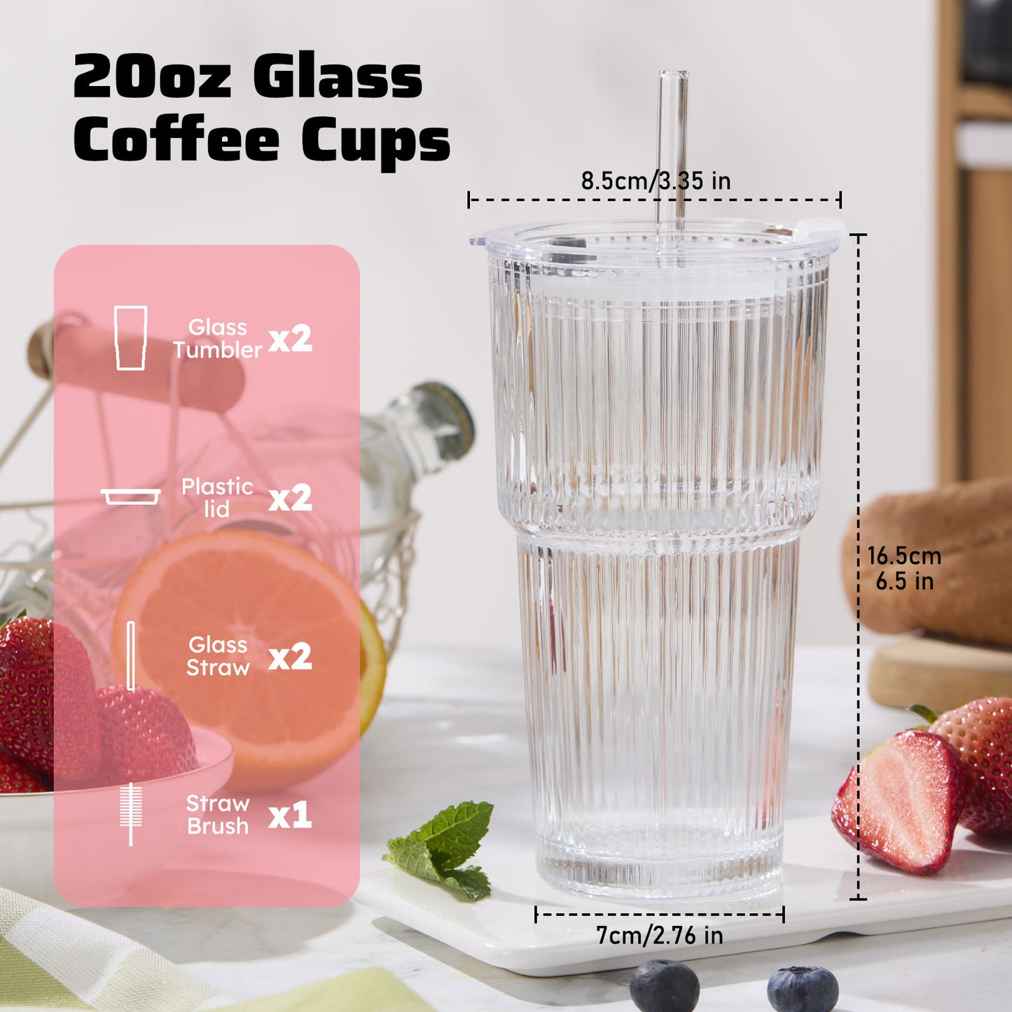 GOSCHE Glass Cups with Lids and Straws 20 oz Ribbed Thickened Glass Tumbler with Cleaning Brushes for Juice Coffee Smoothies Tea 2pcs