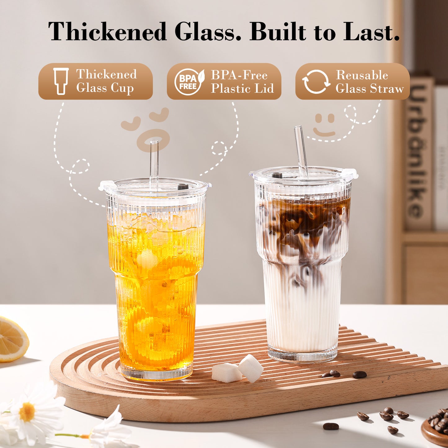 20oz Clear Ribbed Glass Tumblers with Lids and Straws, Set of 2 | GOSCHE