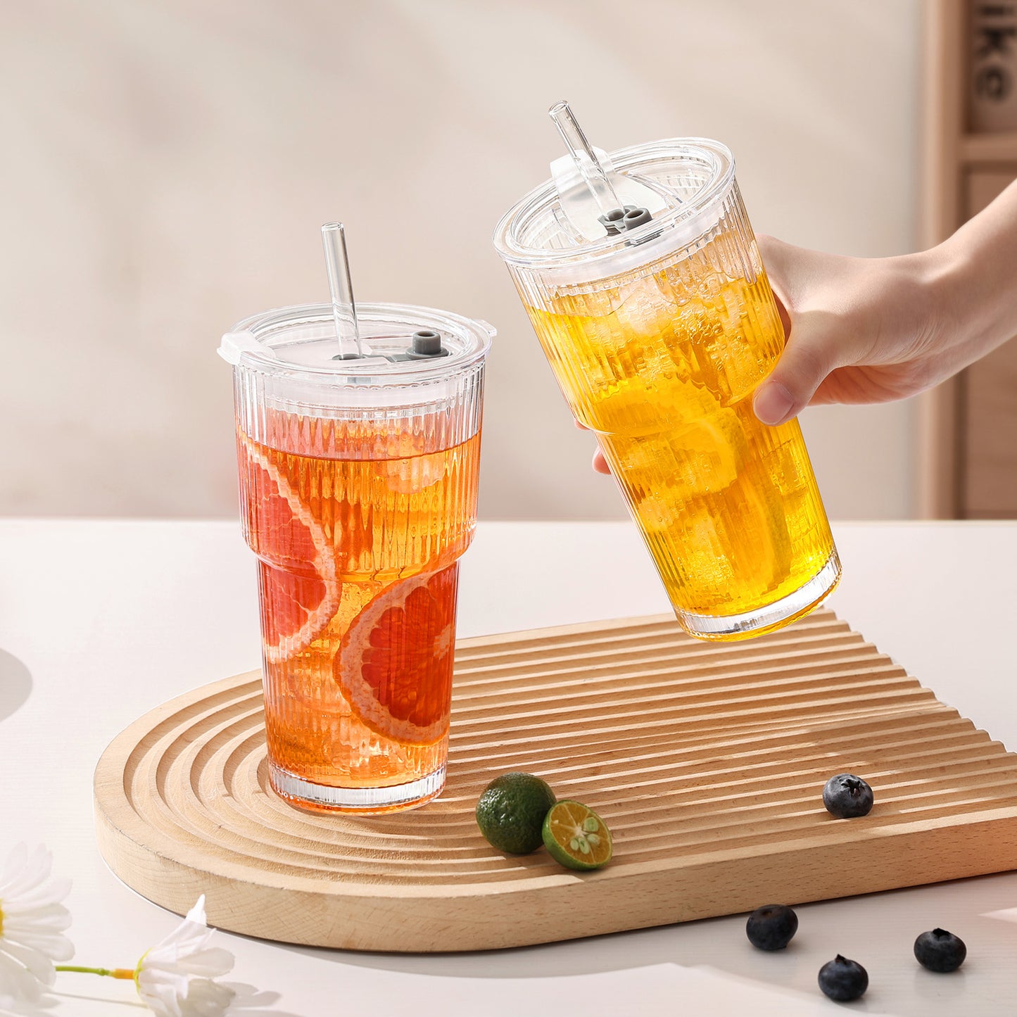 20oz Clear Ribbed Glass Tumblers with Lids and Straws, Set of 2 | GOSCHE