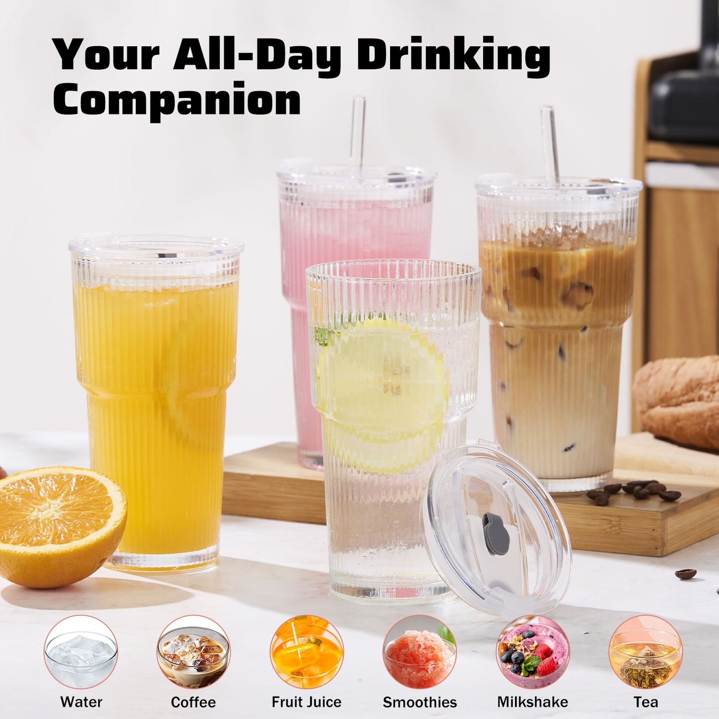 GOSCHE Glass Cups with Lids and Straws 20 oz Ribbed Thickened Glass Tumbler with Cleaning Brushes for Juice Coffee Smoothies Tea 2pcs