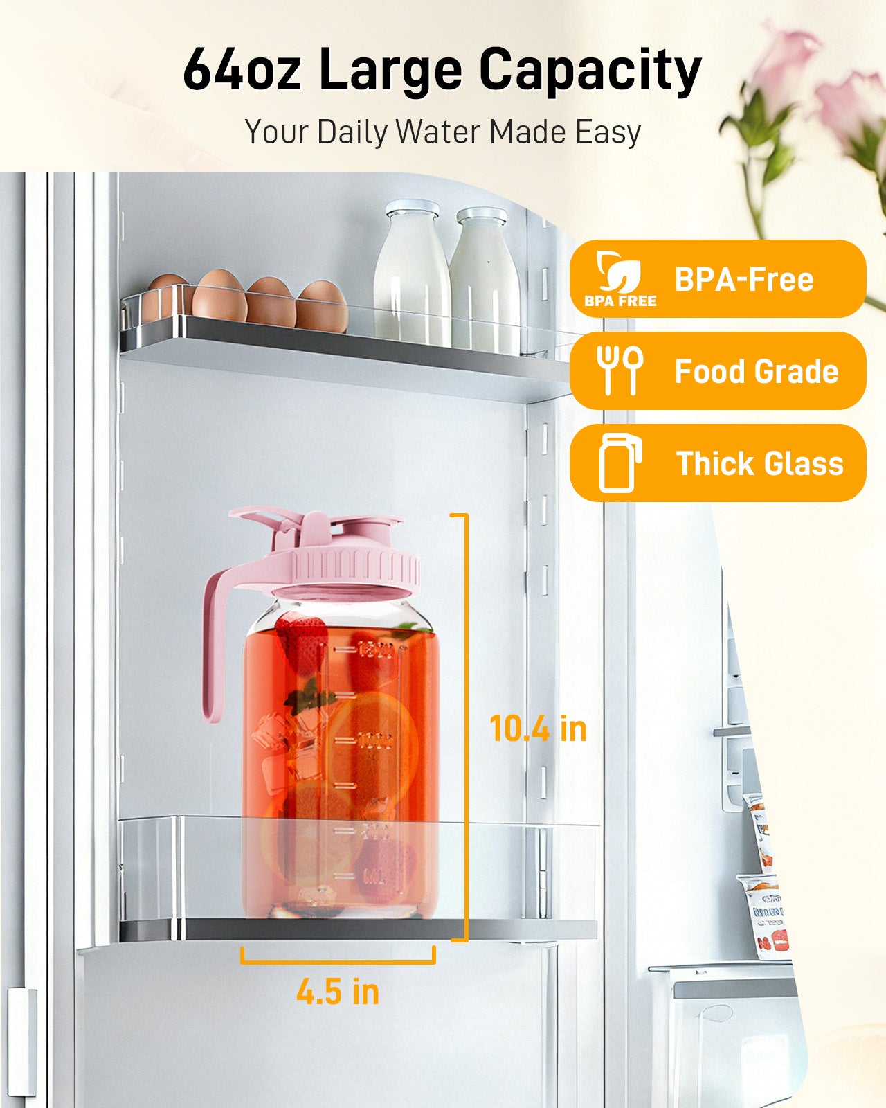 GOSCHE 2 Pack 64oz Glass Pitcher with Lid and Spout Leak Proof Mason Jar Pitcher with Handle for Fridge Juice Beverage Iced Tea Coffee Pink Green