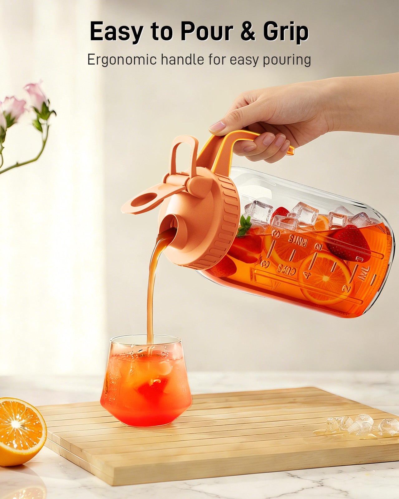 GOSCHE 2 Pack 64oz Glass Pitcher with Lid and Spout Leak Proof Mason Jar Pitcher with Handle for Fridge Juice Beverage Iced Tea Coffee White Orange