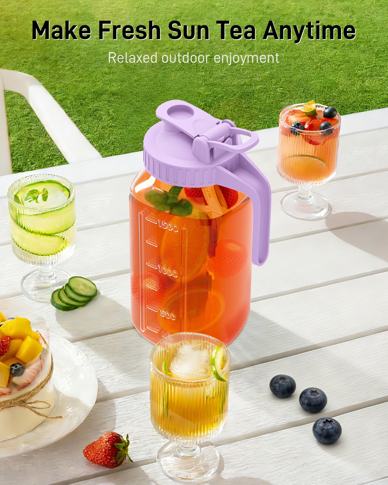 GOSCHE 2 Pack 64oz Glass Pitcher with Lid and Spout Leak Proof Mason Jar Pitcher with Handle for Fridge Juice Beverage Iced Tea Coffee Purple Orange