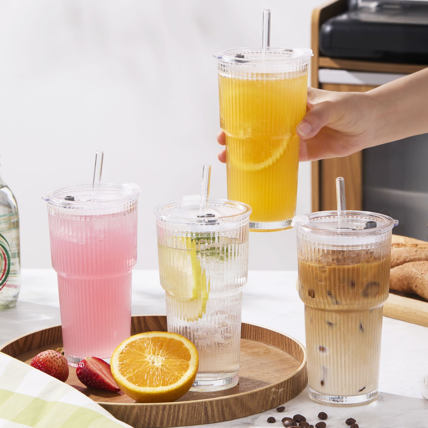 GOSCHE Glass Cups with Lids and Straws 20 oz Ribbed Thickened Glass Tumbler with Cleaning Brushes for Juice Coffee Smoothies Tea 4pcs