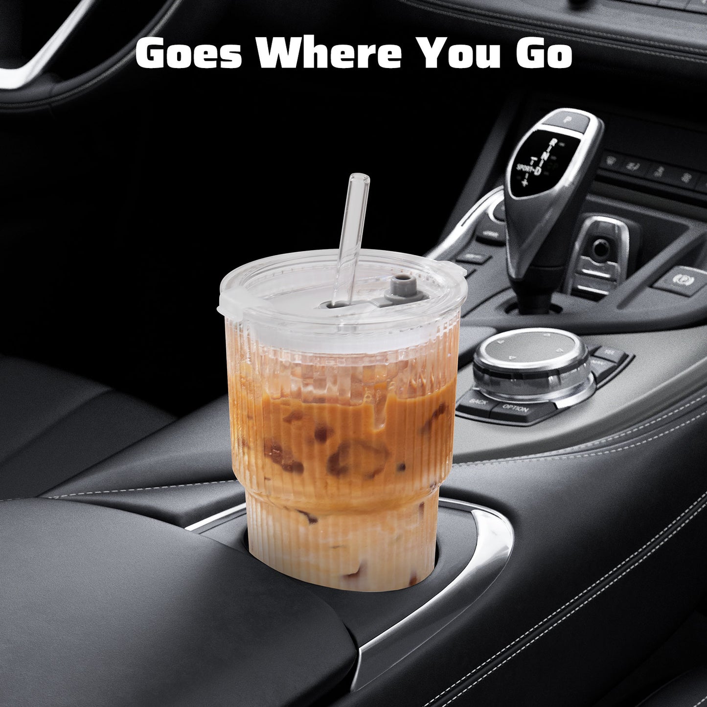 GOSCHE Glass Cups with Lids and Straws 20 oz Ribbed Thickened Glass Tumbler with Cleaning Brushes for Juice Coffee Smoothies Tea 4pcs