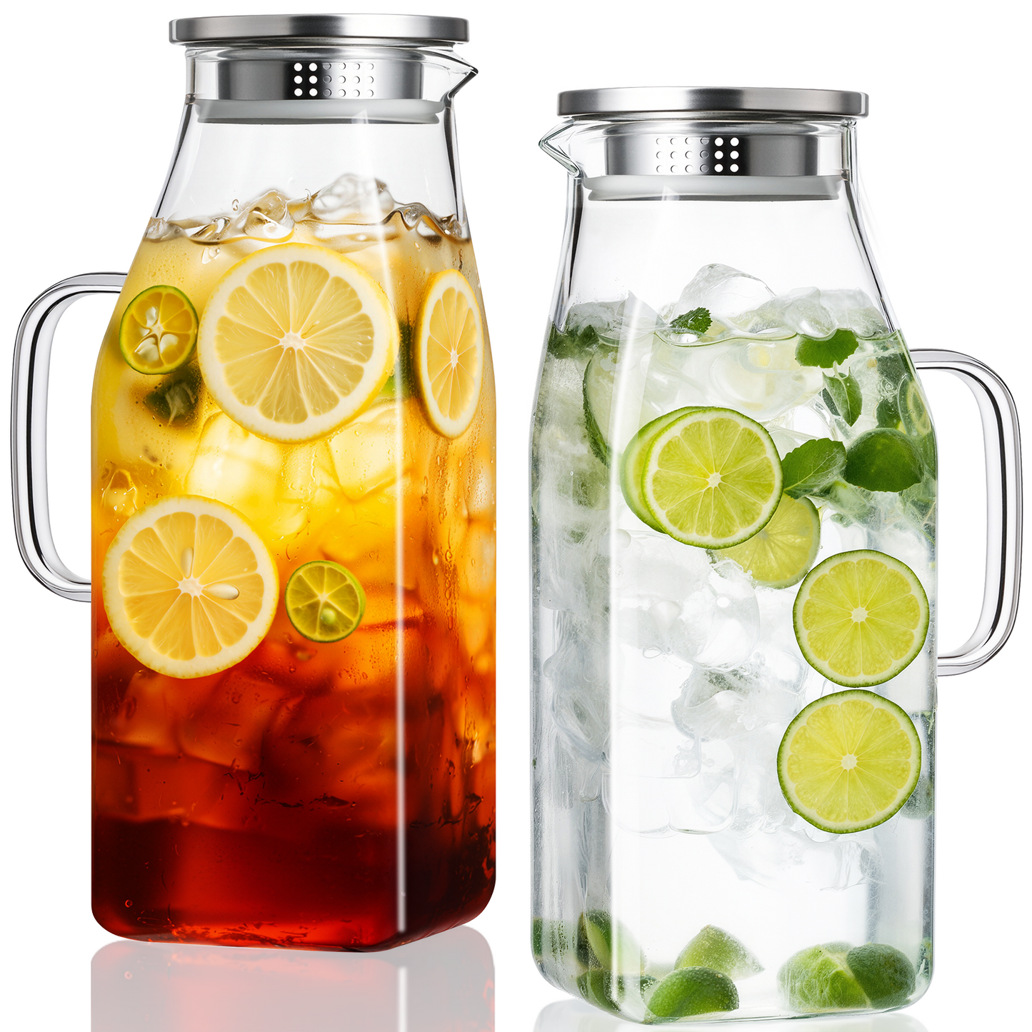 GOSCHE 68oz 2 Pack Glass Pitcher with Lid and Handle Square Glass Water Pitcher with Spout Leak-Proof for Cold and Hot Beverage, Iced Tea, Juice, Lemonade, Coffee
