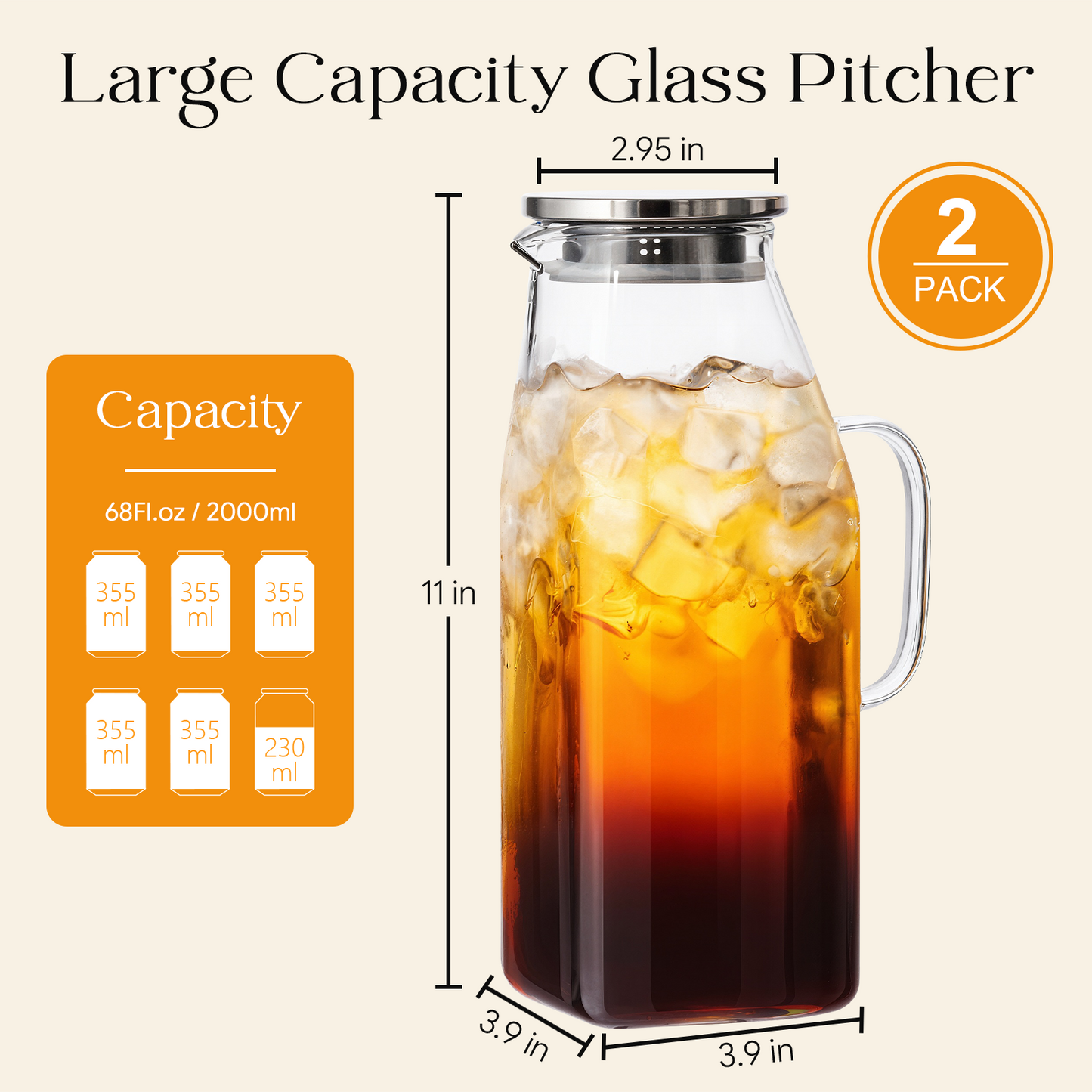 GOSCHE 68oz 2 Pack Glass Pitcher with Lid and Handle Square Glass Water Pitcher with Spout Leak-Proof for Cold and Hot Beverage, Iced Tea, Juice, Lemonade, Coffee