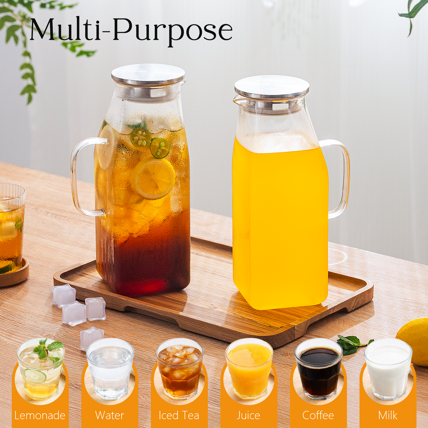 GOSCHE 68oz 2 Pack Glass Pitcher with Lid and Handle Square Glass Water Pitcher with Spout Leak-Proof for Cold and Hot Beverage, Iced Tea, Juice, Lemonade, Coffee