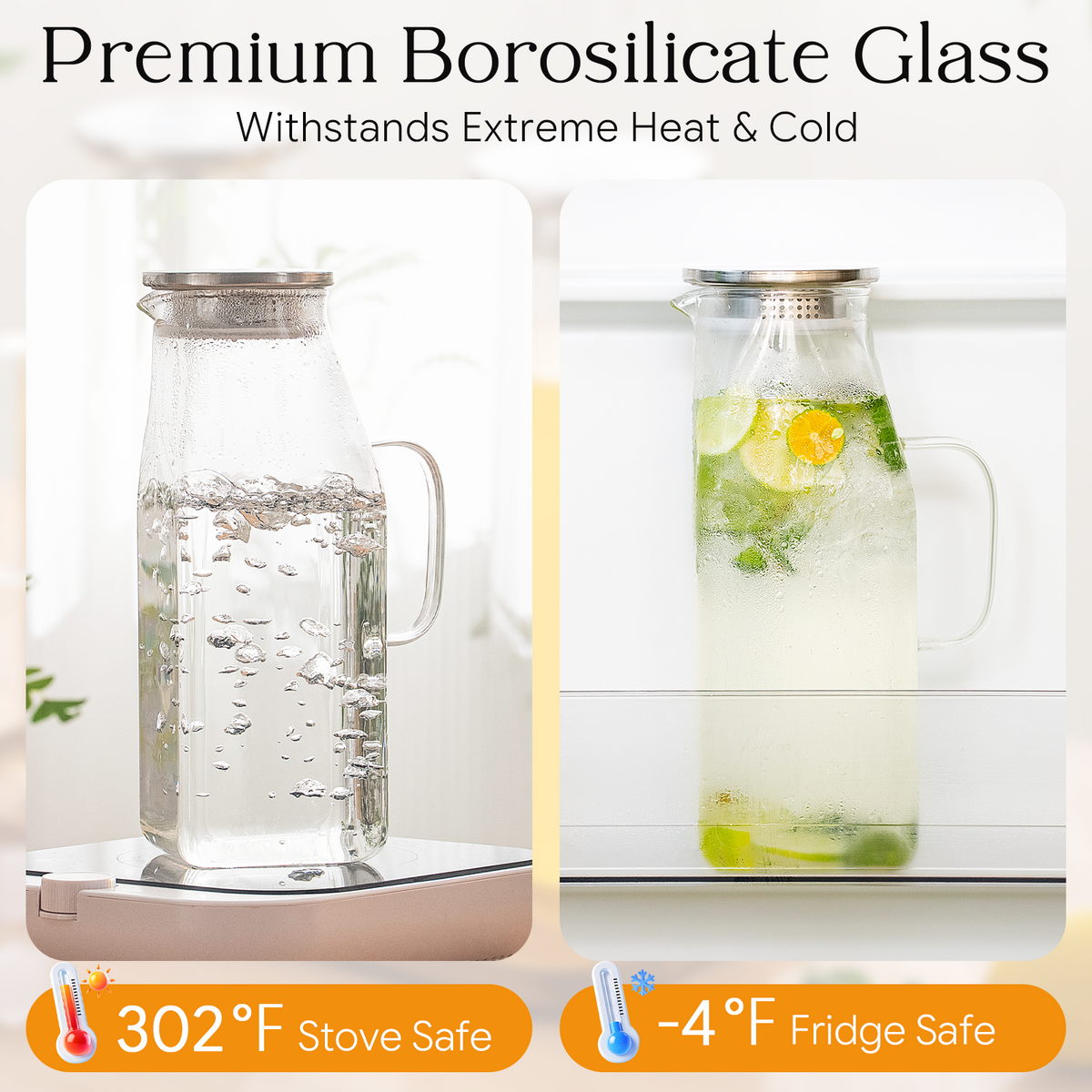 GOSCHE 68oz 2 Pack Glass Pitcher with Lid and Handle Square Glass Water Pitcher with Spout Leak-Proof for Cold and Hot Beverage, Iced Tea, Juice, Lemonade, Coffee