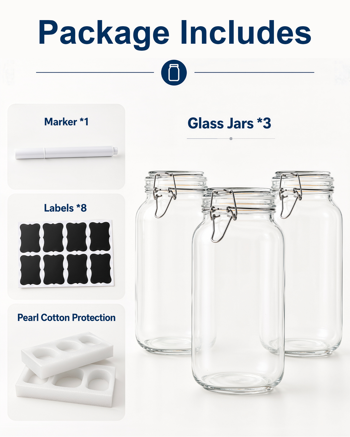 GOSCHE 3 Pack 78oz Glass Jars with Airtight Lid Wide Mouth Glass Storage Jars for Flour Sugar Coffee Beans Cookie Candy