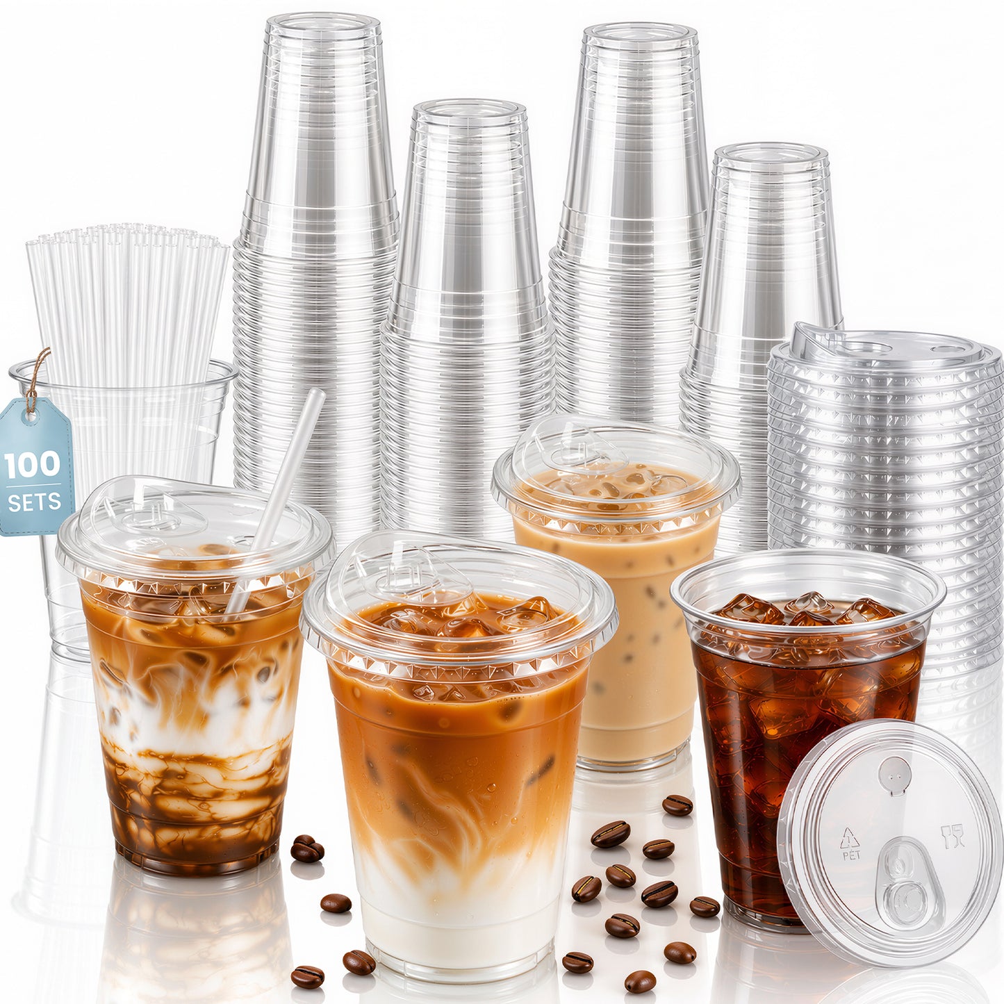 GOSCHE 100 Pack 16 oz Plastic Cups with Lids and Straws Sturdy PET Iced Coffee Cups with Lids Disposable for Juice Parties Office Clear Double Hole Lid