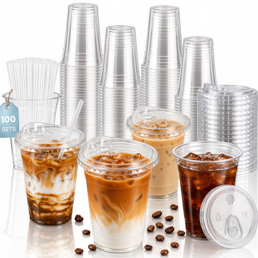 GOSCHE 100 Pack 16 oz Plastic Cups with Lids and Straws Sturdy PET Iced Coffee Cups with Lids Disposable for Juice Parties Office Clear Double Hole Lid