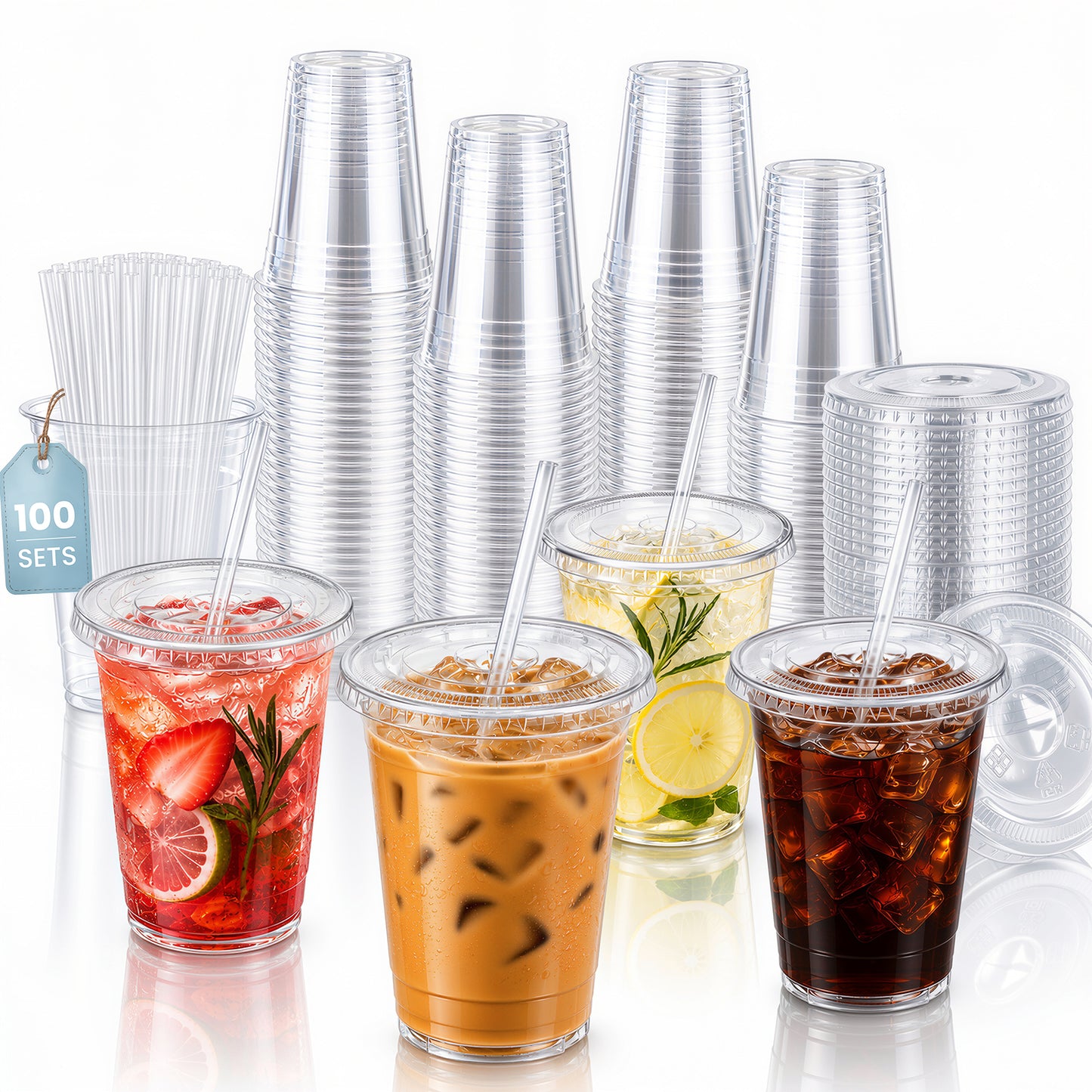 GOSCHE 100 Pack 16 oz Plastic Cups with Lids and Straws Extra Thick PET Iced Coffee Cups with Lids Disposable for Juice Parties Office Clear Flat Lids