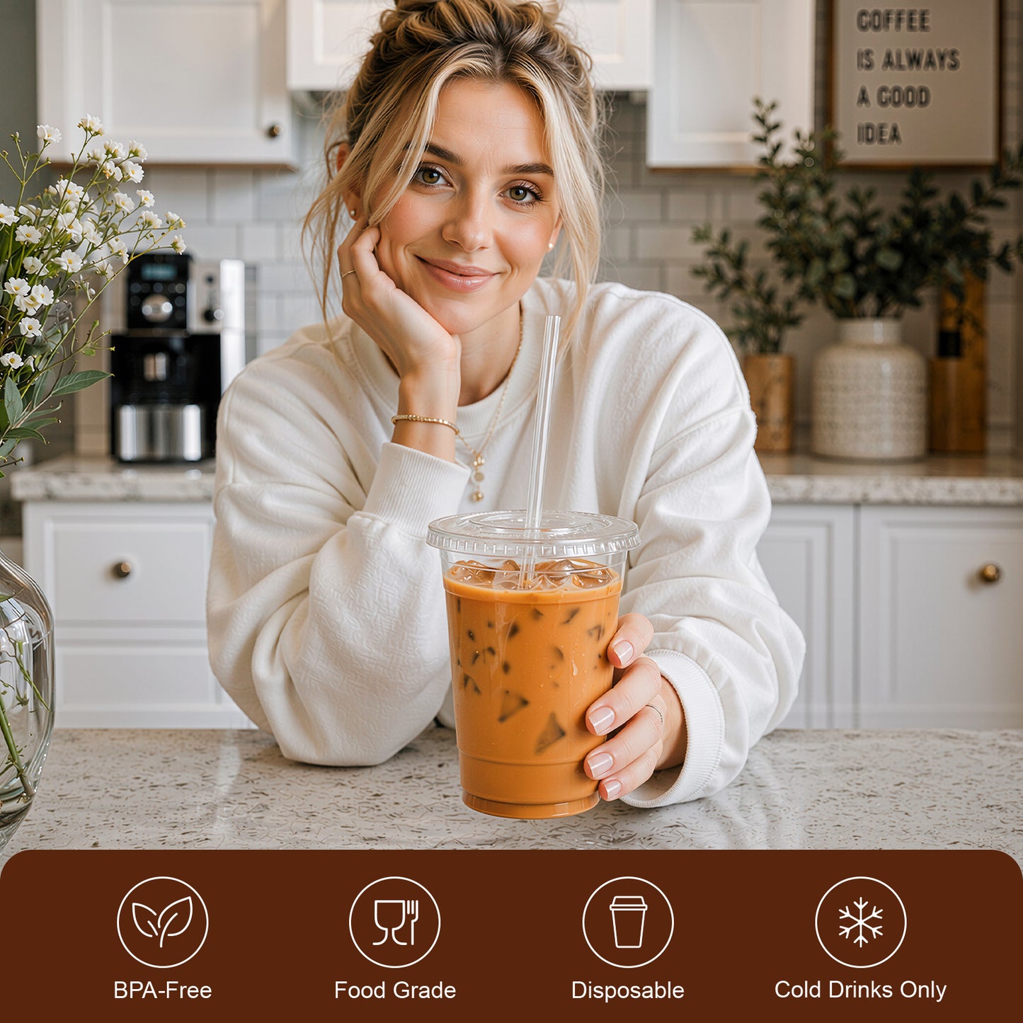GOSCHE 100 Pack 16 oz Plastic Cups with Lids and Straws Extra Thick PET Iced Coffee Cups with Lids Disposable for Juice Parties Office Clear Flat Lids