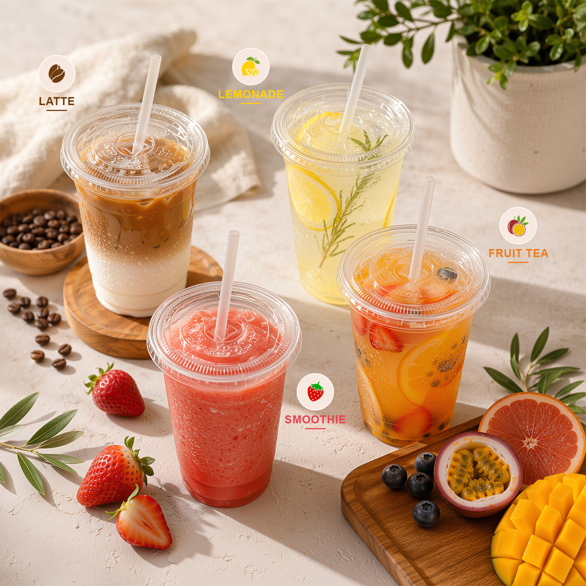 GOSCHE 100 Pack 16 oz Plastic Cups with Lids and Straws Extra Thick PET Iced Coffee Cups with Lids Disposable for Juice Parties Office Clear Flat Lids