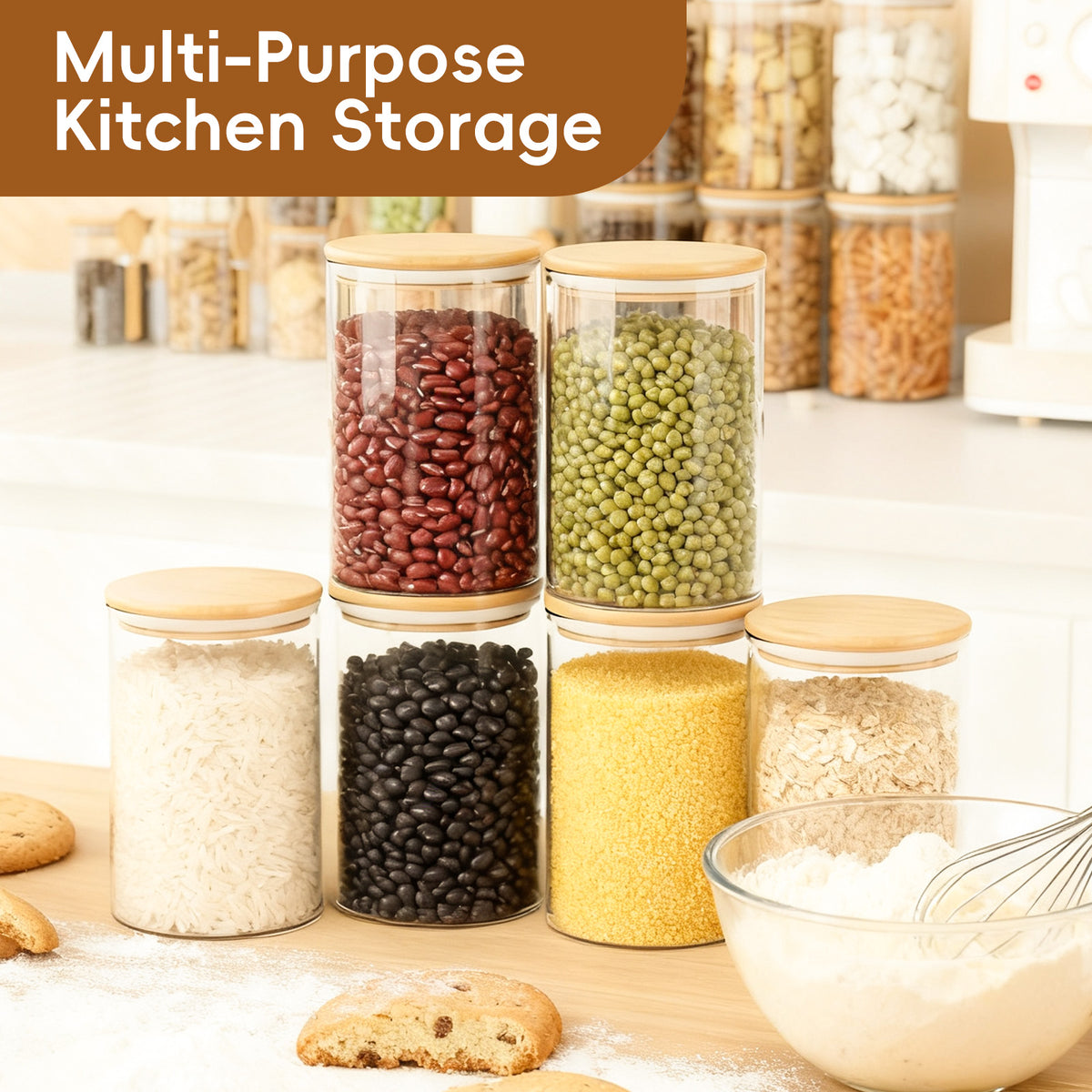 GOSCHE Glass Jars with Lids 32oz Food Canisters for Cookie Sugar Spice Coffee Beans Tea Flour Nuts Candy Oat Set of 6