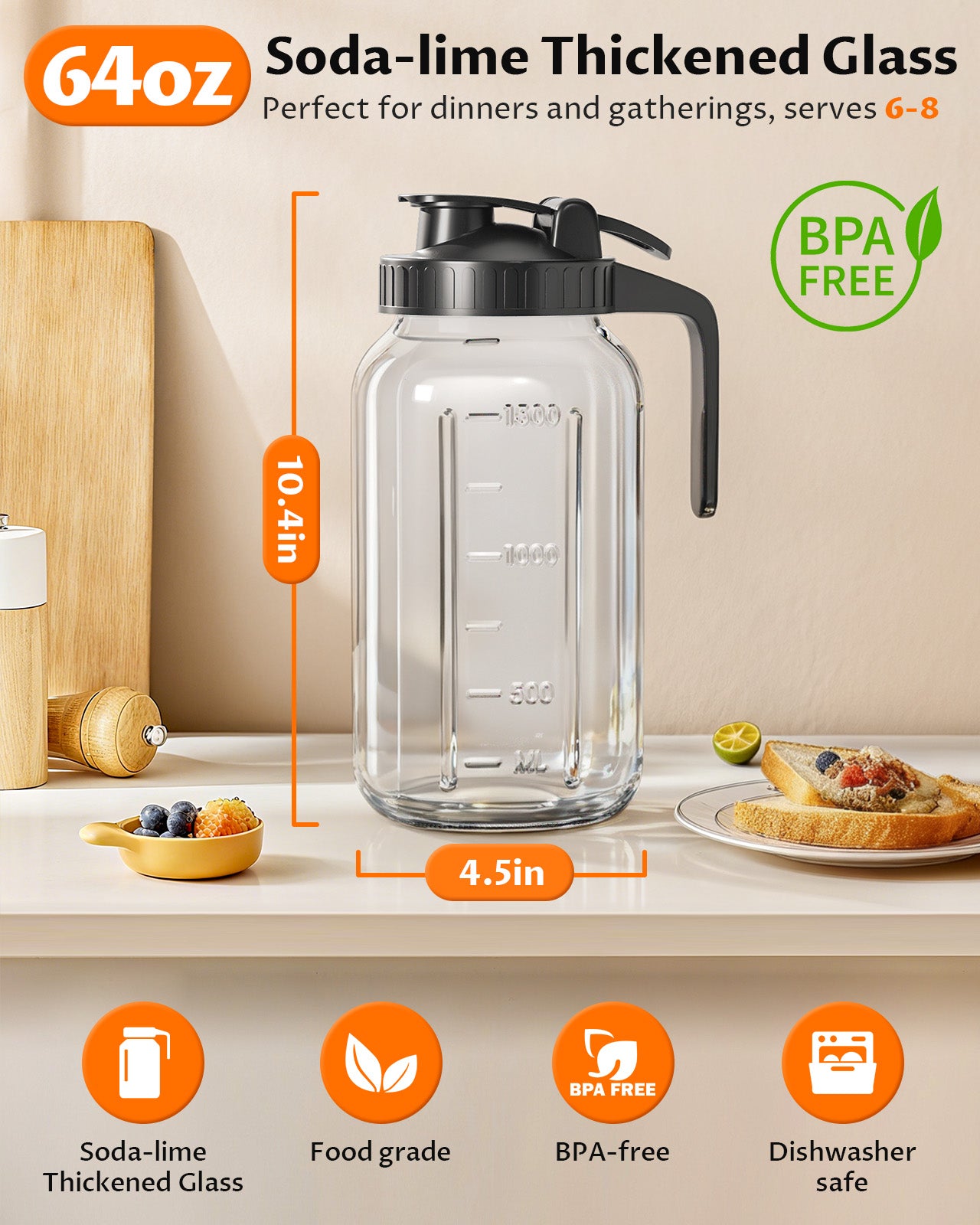 GOSCHE 2 Pack 64oz Glass Pitcher with Lid and Spout Leak Proof Mason Jar Pitcher with Handle for Fridge Juice Beverage Iced Tea Coffee Black
