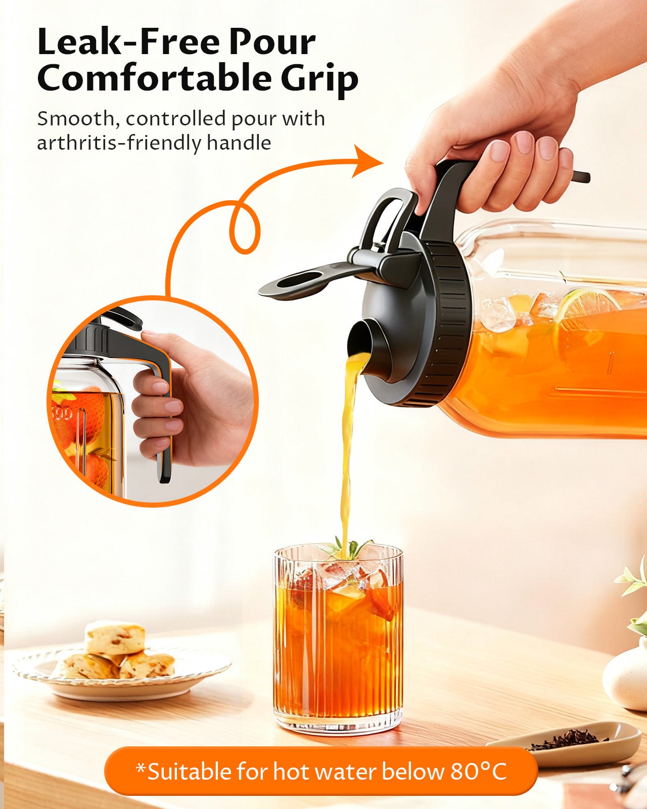 GOSCHE 2 Pack 64oz Glass Pitcher with Lid and Spout Leak Proof Mason Jar Pitcher with Handle for Fridge Juice Beverage Iced Tea Coffee Black
