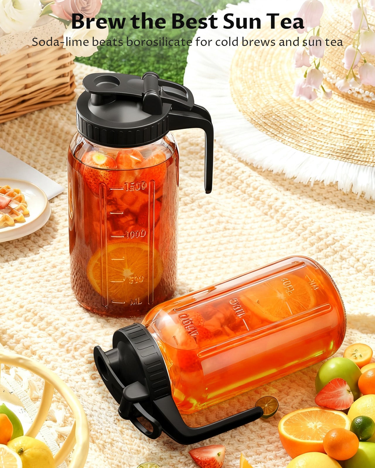 GOSCHE 2 Pack 64oz Glass Pitcher with Lid and Spout Leak Proof Mason Jar Pitcher with Handle for Fridge Juice Beverage Iced Tea Coffee Black