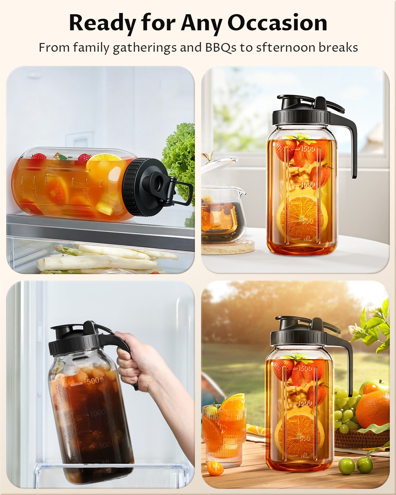 GOSCHE 2 Pack 64oz Glass Pitcher with Lid and Spout Leak Proof Mason Jar Pitcher with Handle for Fridge Juice Beverage Iced Tea Coffee Black