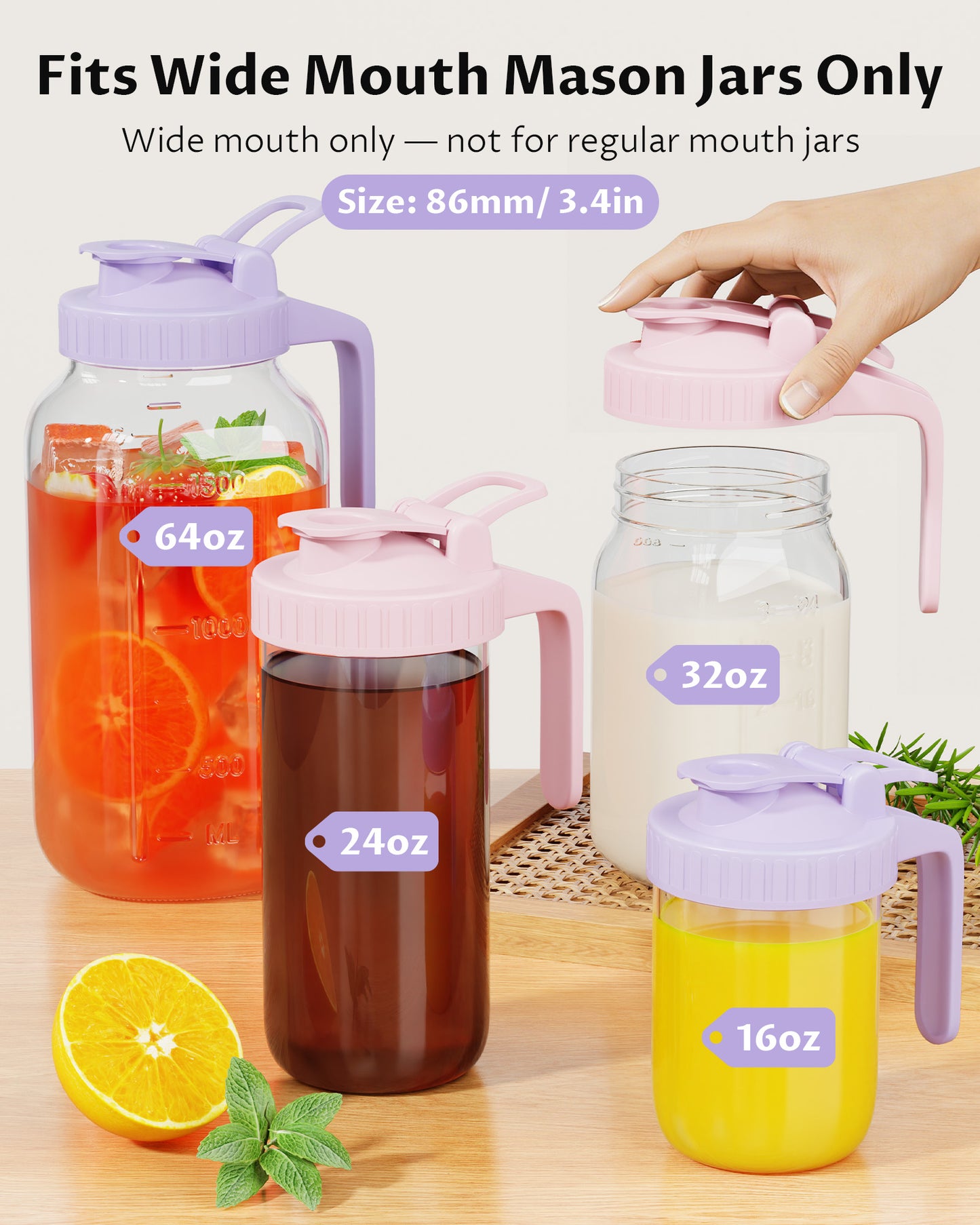 GOSCHE Mason Jar Pour Spout Lid Flip Cap Airtight Wide Mouth Mason Jar Lids with Handle for Drinking Leak Proof 2 Pack Purple Pink