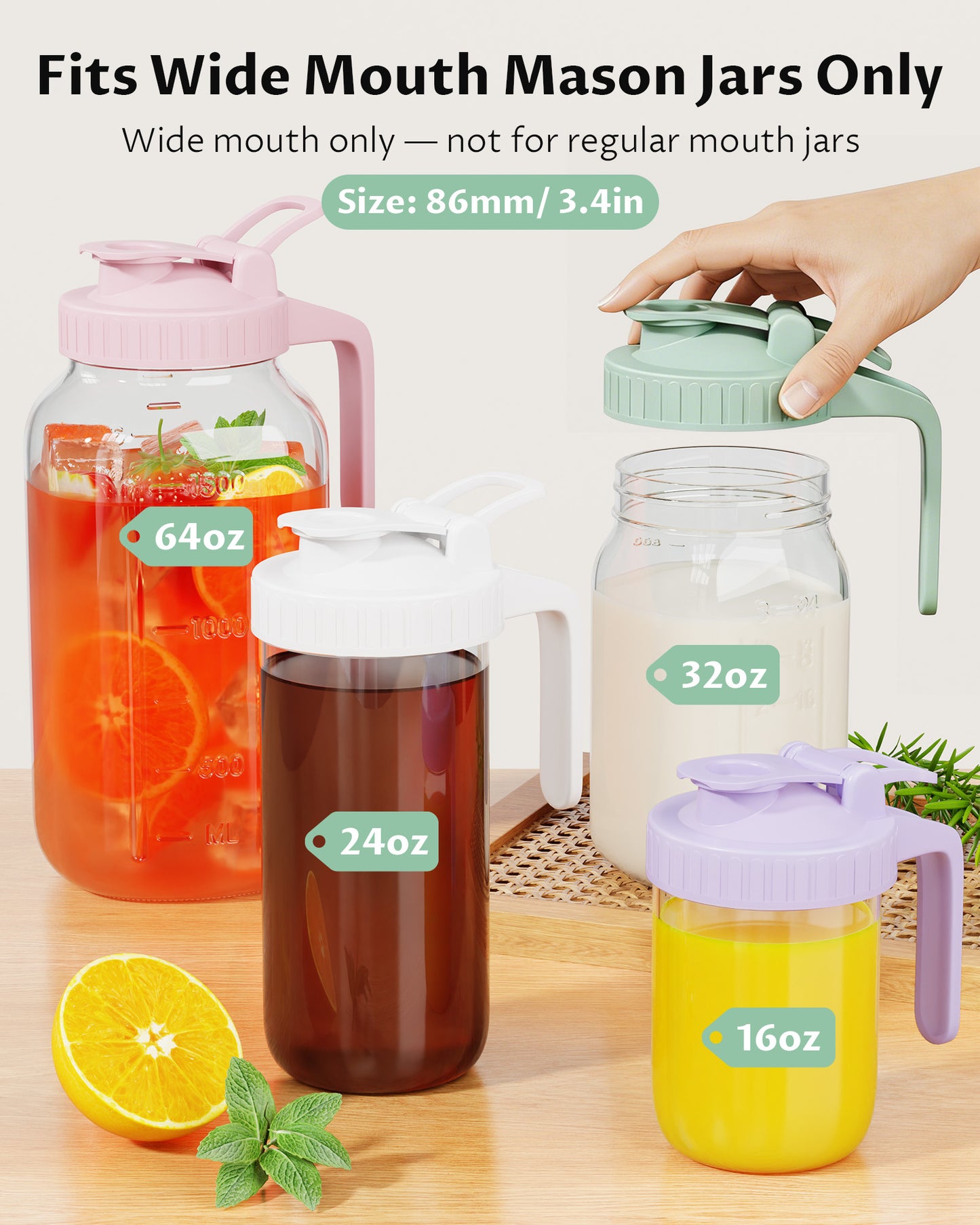 GOSCHE Mason Jar Pour Spout Lid Flip Cap Airtight Wide Mouth Mason Jar Lids with Handle for Drinking Leak Proof 2 Pack Purple White