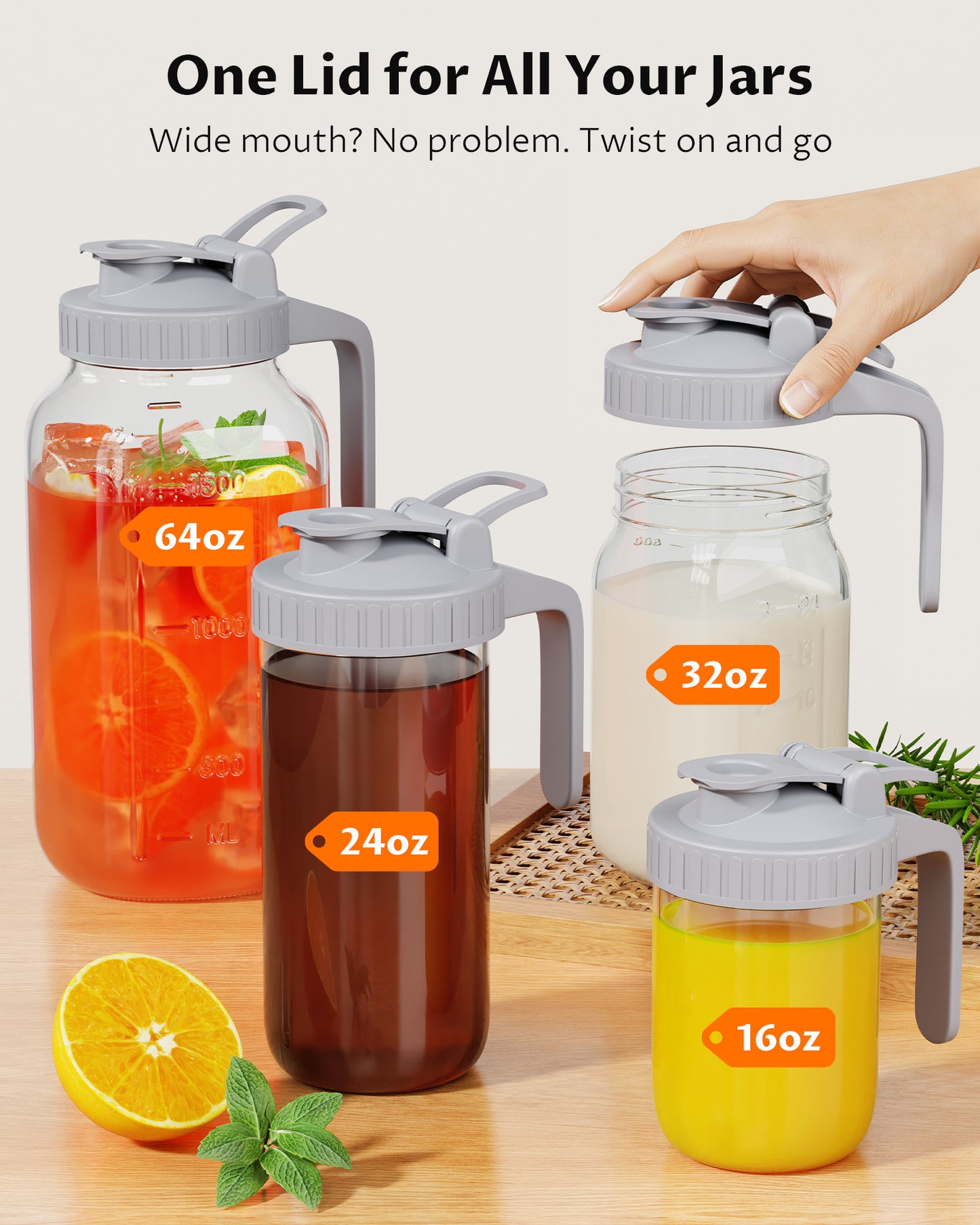 GOSCHE Mason Jar Pour Spout Lid Flip Cap Airtight Wide Mouth Mason Jar Lids with Handle for Drinking Leak Proof 2 Pack Gray