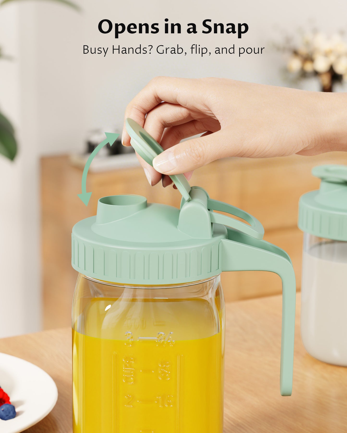 GOSCHE Mason Jar Pour Spout Lid Flip Cap Airtight Wide Mouth Mason Jar Lids with Handle for Drinking Leak Proof 2 Pack Green