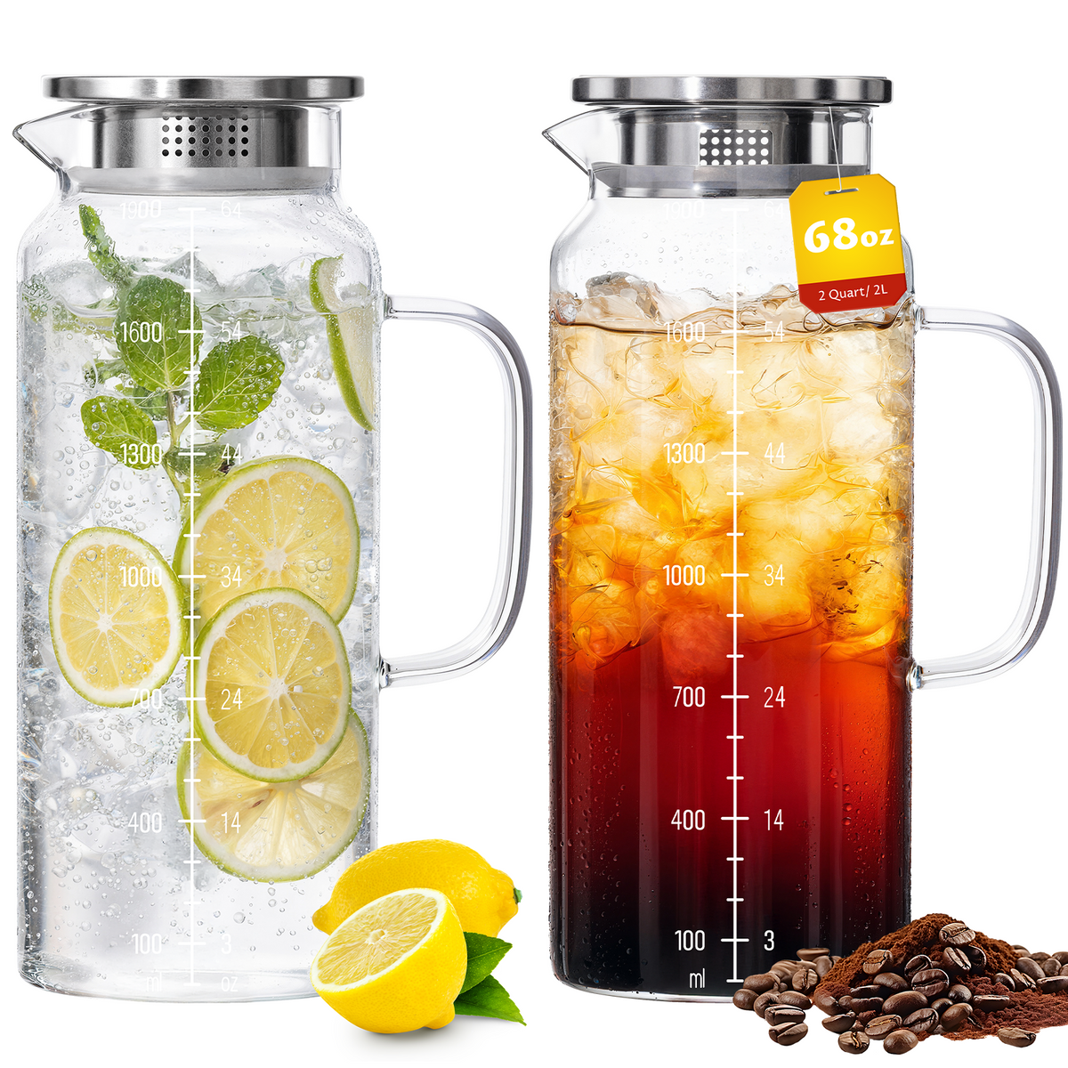 GOSCHE 68oz 2 Pack Glass Pitcher with Lid and Handle Wide Mouth Glass Water Pitcher Leak-Proof for Cold and Hot Beverage, Iced Tea, Juice, Lemonade, Coffee