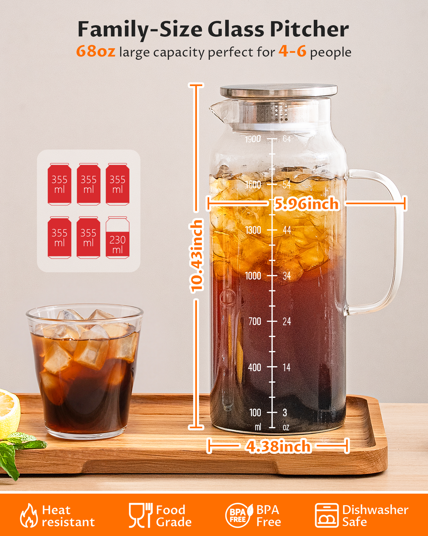 GOSCHE 68oz 2 Pack Glass Pitcher with Lid and Handle Wide Mouth Glass Water Pitcher Leak-Proof for Cold and Hot Beverage, Iced Tea, Juice, Lemonade, Coffee