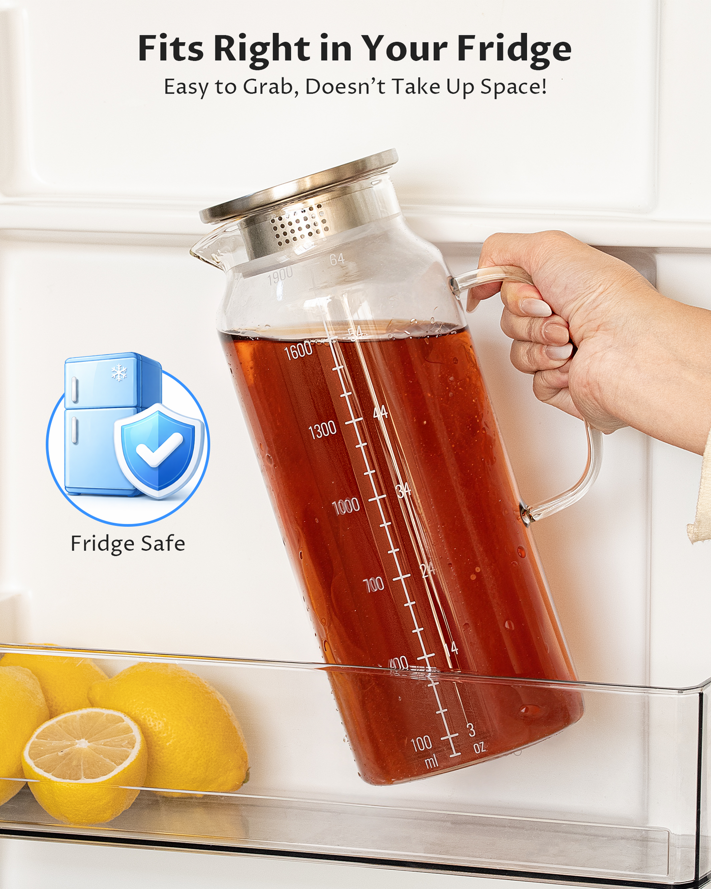 GOSCHE 68oz 2 Pack Glass Pitcher with Lid and Handle Wide Mouth Glass Water Pitcher Leak-Proof for Cold and Hot Beverage, Iced Tea, Juice, Lemonade, Coffee