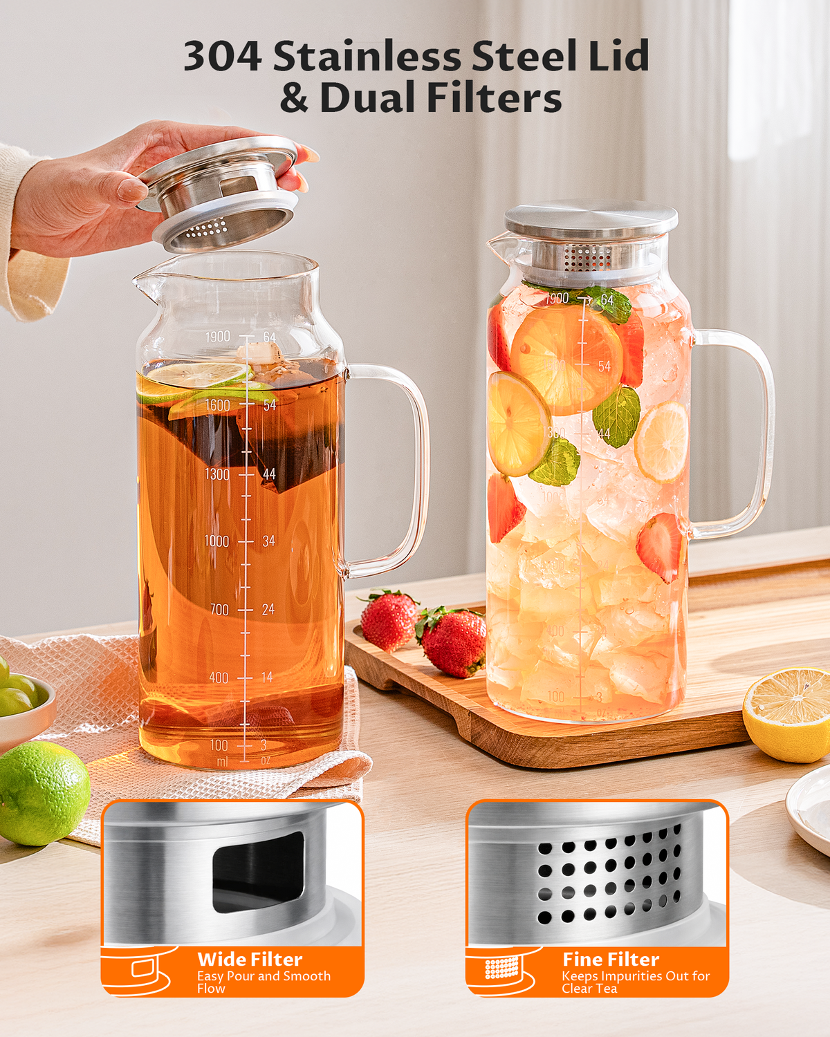 GOSCHE 68oz 2 Pack Glass Pitcher with Lid and Handle Wide Mouth Glass Water Pitcher Leak-Proof for Cold and Hot Beverage, Iced Tea, Juice, Lemonade, Coffee